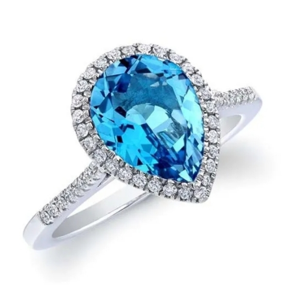 4.00 CTTW Lab Created Blue Topaz Pear Cut Sterling Silver Ring